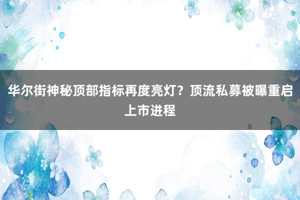 华尔街神秘顶部指标再度亮灯？顶流私募被曝重启上市进程